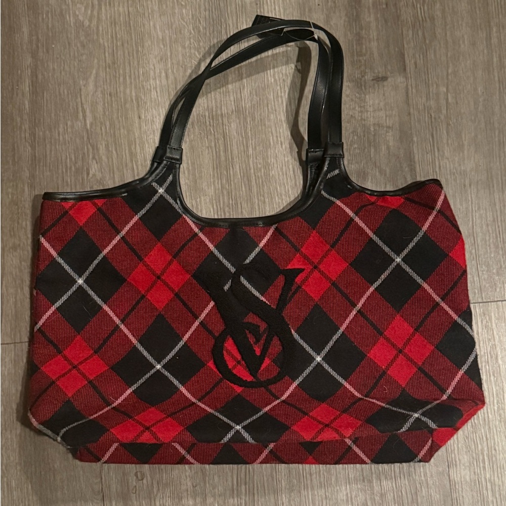 Victoria's Secret Red and Black Plaid Tote with Logo